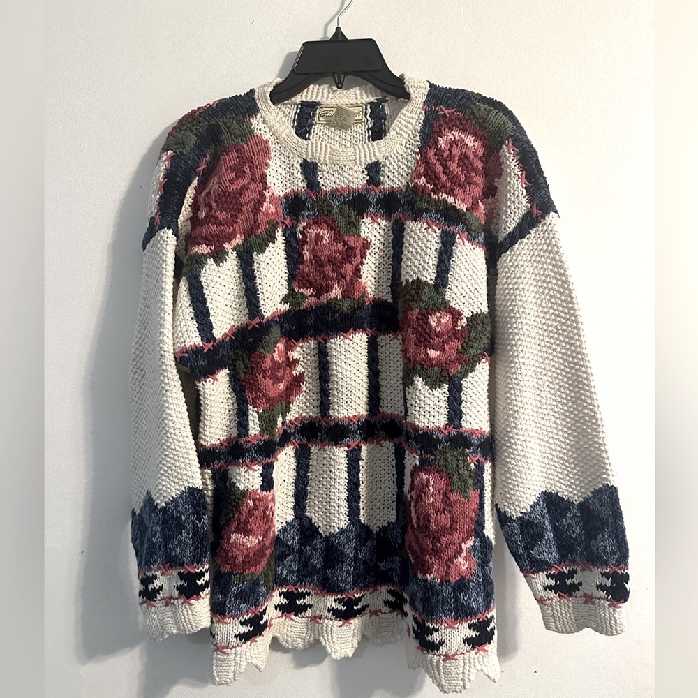 Vintage Hunters Run Crochet Floral Crewneck Pullover sz M Grannycore Cottagecore